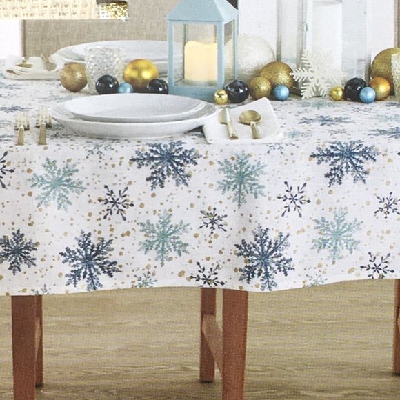 Cynthia Rowley Teal Snowflake Tablecloth Gold Sparkle 60x104 Christmas Holiday - Picture 1 of 9